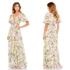 Mac Duggal 9079 Floral Print Faux Wrap Flutter Sleeve A-Line Gown NWT